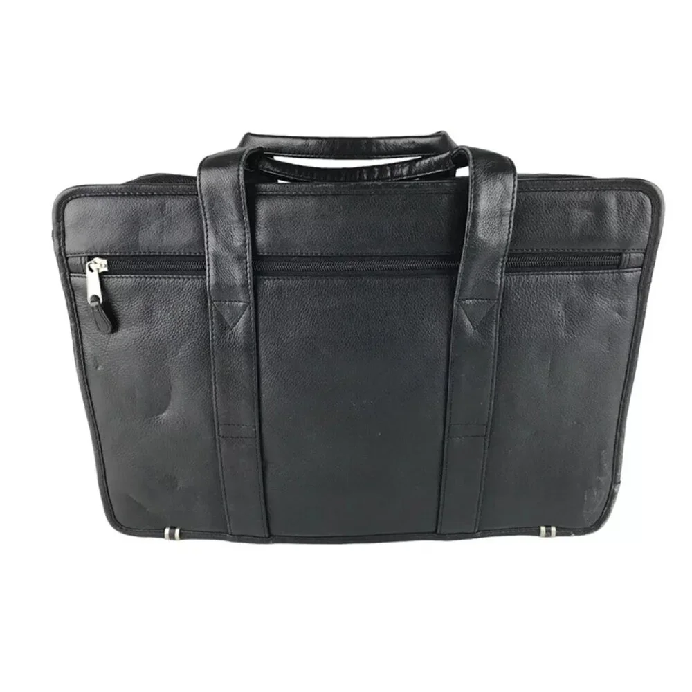 Ili Unisex Black Leather Inner Zip Pockets Top Handle Briefcase Document‎ Case